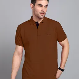 3bros Men Solid Polo Neck Cotton Blend Brown T-Shirt-picture-24