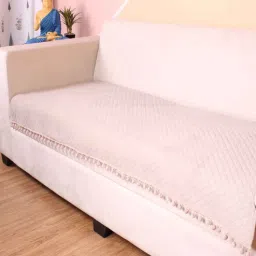 stitchnest Beige Solid Velvet 2 Seater Quilted Sofa Cover (Protector) with Pompom-picture-16