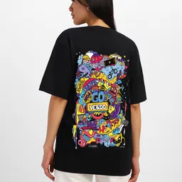 veirdo Women Graphic Print, Typography Round Neck Pure Cotton Black T-Shirt image 3