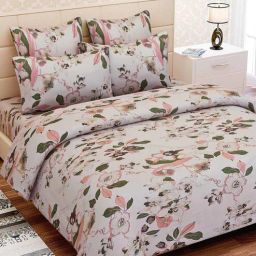 sej by nisha gupta Pink Floral 180 TC Cotton Blend Queen Sized Bed Sheets with 2 Pillow Covers-picture-1