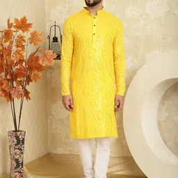 SOJANYA Ethnic Motifs Embroidered Sequinned Pure Cotton Straight Kurta with Churidar image 1