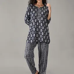 NIGHTSPREE Women Blue & White Printed Night suit-image-67