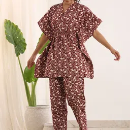 SANSKRUTIHOMES V-Neck Floral Printed Pure Cotton Night Kaftan Top And Trousers-picture-38