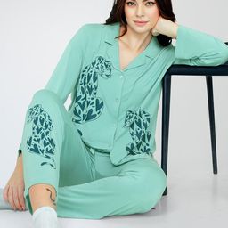 Zeyo Animal Printed Lapel Collar Long Sleeves Night Suit-picture-7