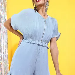 Tokyo Talkies Blue Solid Accordion Pleated Ruffle Playsuit-picture-45