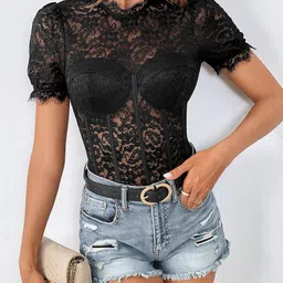 StyleCast Black Self-Design Puff Sleeves Bodysuit image 1