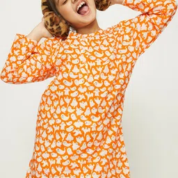 frangipani Girls Orange & White Printed Cotton Night Suit-image-73