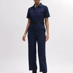 Iconic Shirt Collar Short Sleeves Belted Basic Jumpsuit-image-94