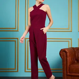 SASSAFRAS Maroon Halter Neck Basic Jumpsuit image 5