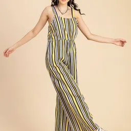 Moomaya Striped Shoulder Straps Waist Tie Up Basic Jumpsuit image 2