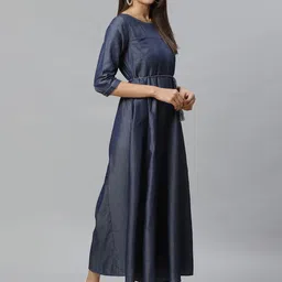 AURELIA Women Navy Blue Solid Chambray Flared Basic Jumpsuit image 4