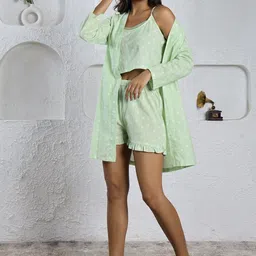SANSKRUTIHOMES Green Conversational Printed Pure Cotton Top With Shorts & Shrug Night Suit image 4