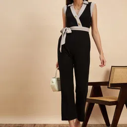 KASSUALLY Black & Grey Shirt Collar Sleeveless Waist Tie-Up Basic Jumpsuit image 2
