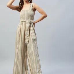 DELAN Green & Beige Linen Striped Basic Jumpsuit image 5