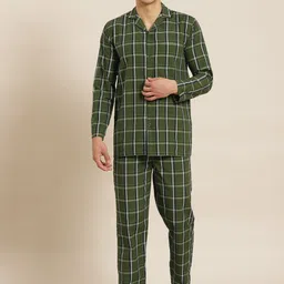 SOJANYA Men Olive Green & White Checked Cotton Night suit image 1
