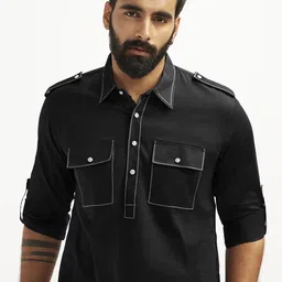 VASTRAMAY Shirt Collar Long Sleeves Pathani Satin Straight Kurta with Trousers image 3