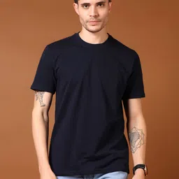 v-mart Men Solid Round Neck Cotton Blend Blue T-Shirt image 2