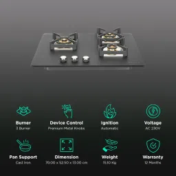 FABER BELLA HT 703 BR AI Glass Top 3 Burner Automatic Hob (Full Brass Burners, Black) image 3