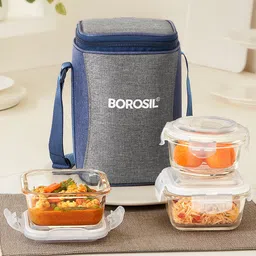 borosil Alora Borosilicate Glass Lunchbox, 3pc Set (320ml x 2 + 240ml x 1) Office Tiffin 3 Containers Lunch Box-picture-11