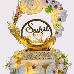 creative horizon White Rose Artificial Flower Design Engagement Ring Tray Platter, Ring Plate Wood, Plastic Decorative Platter-picture-13