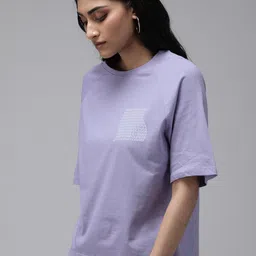 Women Printed Round Neck Pure Cotton Purple T-Shirt-image-6