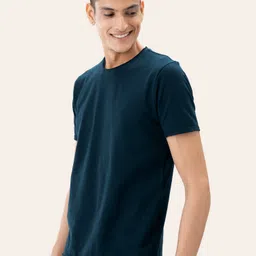damensch Raw Edge Men Solid Round Neck Cotton Blend Navy Blue T-Shirt image 5
