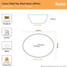 ruhe Carina Premium White Glaze Ceramic Table Top Wash Basin 17 x 13 x 7 Inches Over Counter Basin For Bathroom and Kitchen Counter Top image 4