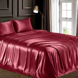 coolbeds Red Solid 400 TC Satin Queen Fitted Bedsheet with 2 Satin Pillow covers-picture-11