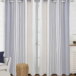 saral home Grey Cotton Striped 7 ft Light Filtering Eyelet Door Curtain image 1