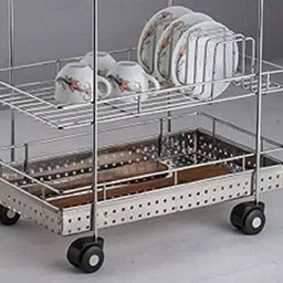pragati sales Stainless Steel 3 Layer Kitchen Dish/Thali Drainer Rack Utensils Rack Perforated Cutlery and Bowl Drainer Trolley with Wheel Steel Kitchen Trolley image 3