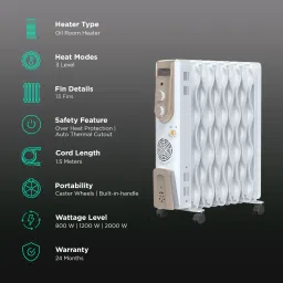 BAJAJ Vienna OFR 9F 2000W Oil Filled Radiator Room Heater with Automatic Thermal Cutout (Adjustable Thermostat image 3