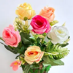 litleo Maos Wooden Pot Multicolor Rose Artificial Flowerwith Pot image 2