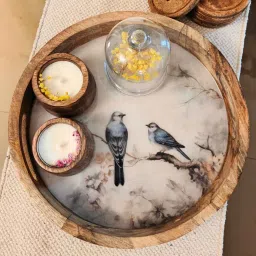 akira Elegant Wooden Decorative Tray with Charming Bird Accents image 3