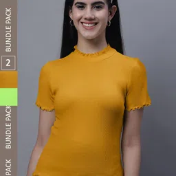 FBAR Pack Of 2 High Neck Cotton Ribbed Fitted Tops-image-92