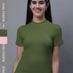 FBAR Pack Of 2 High Neck Cotton Ribbed Fitted Tops-image-95