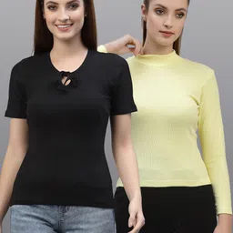 Friskers Women Pack Of 2 Black & Yellow Solid Organic Cotton Regular Tops-picture-18