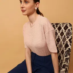 MINT STREET Self Design Round Neck Drop Shoulder Sleeves Regular Top image 4