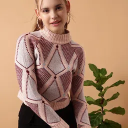 STREET 9 Geometric Printed Turtle Neck Crop Acrylic Pullover Sweater-picture-36