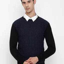 Cantabil Men Black & Navy Blue Striped Wool Round Neck Pullover-image-90