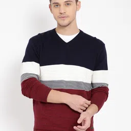 t-base Men Red & Navy Blue Striped Cotton Pullover Sweater-picture-18