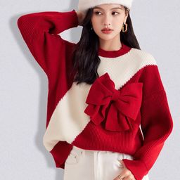 JC Collection Women Red & White Colourblocked Colourblocked Pullover with Bow Detail-picture-9