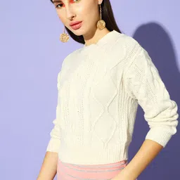 STREET 9 Women Cream-Coloured Acrylic Cable Knit Pullover Sweater image 5