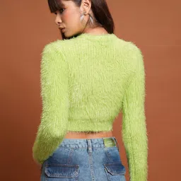 Tokyo Talkies Green Self Design Acrylic Crop Pullover image 2