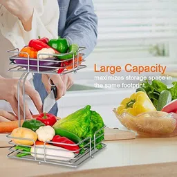 e c creation 2-Tier Countertop Fruit Vegetables Basket Bowl Storage With Banana Hanger-Silver Stainless Steel Fruit & Vegetable Basket image 2
