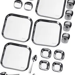 sumeet Pack of 20 Stainless Steel Square Stainless Steel Heavy Gauge Mirror Finish Dinner set, Pack of 20 pieces Dinner Set image 3