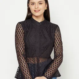 Owncraft Black Mandarin Collar Lace Peplum Top-picture-30