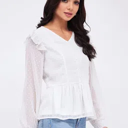 Harpa Self Design V-Neck Cuffed Sleeves Peplum Top image 3