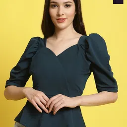 Fabflee Pack of 2 Sweetheart Neck Puff Sleeved Peplum Tops-picture-19