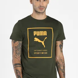 Puma Men Olive Green & Mustard Yellow Graphic Printed Slim Fit T-shirt image 1