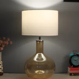 White Iron & Cloth Shade Tablel Lamp With Gold Base By Sapphire image 1